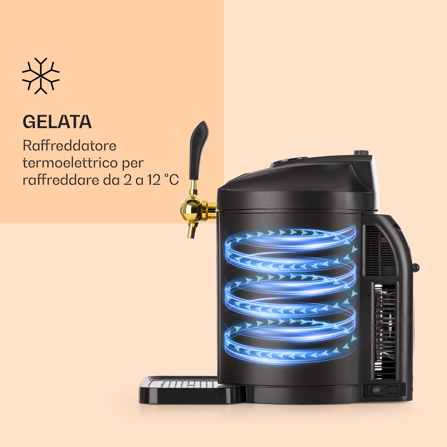 Klarstein Skal - Spillatore Birra, Spillatrice, Spillatore Birra da Casa 5 Litri, 3 x Cartuccia a Pressione CO² e Adattatore, Display LED, Silenzioso, 2-12 °C, Vassoio Gocce, Acciaio Inox, Nero