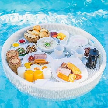 Swimming Pool Floating Breakfast Tray Hotel Water Rattan Basket Open-Air Afternoon Tea Dinner Plate for Breakfast Tea Tray Party Wedding Photography,White-80