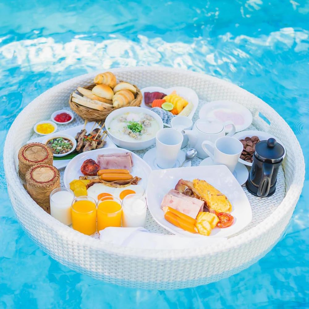 Floating Breakfast Tray Woven Rattan Serving Tray Luxury Breakfast Villa Organizing Pantry(White,80)