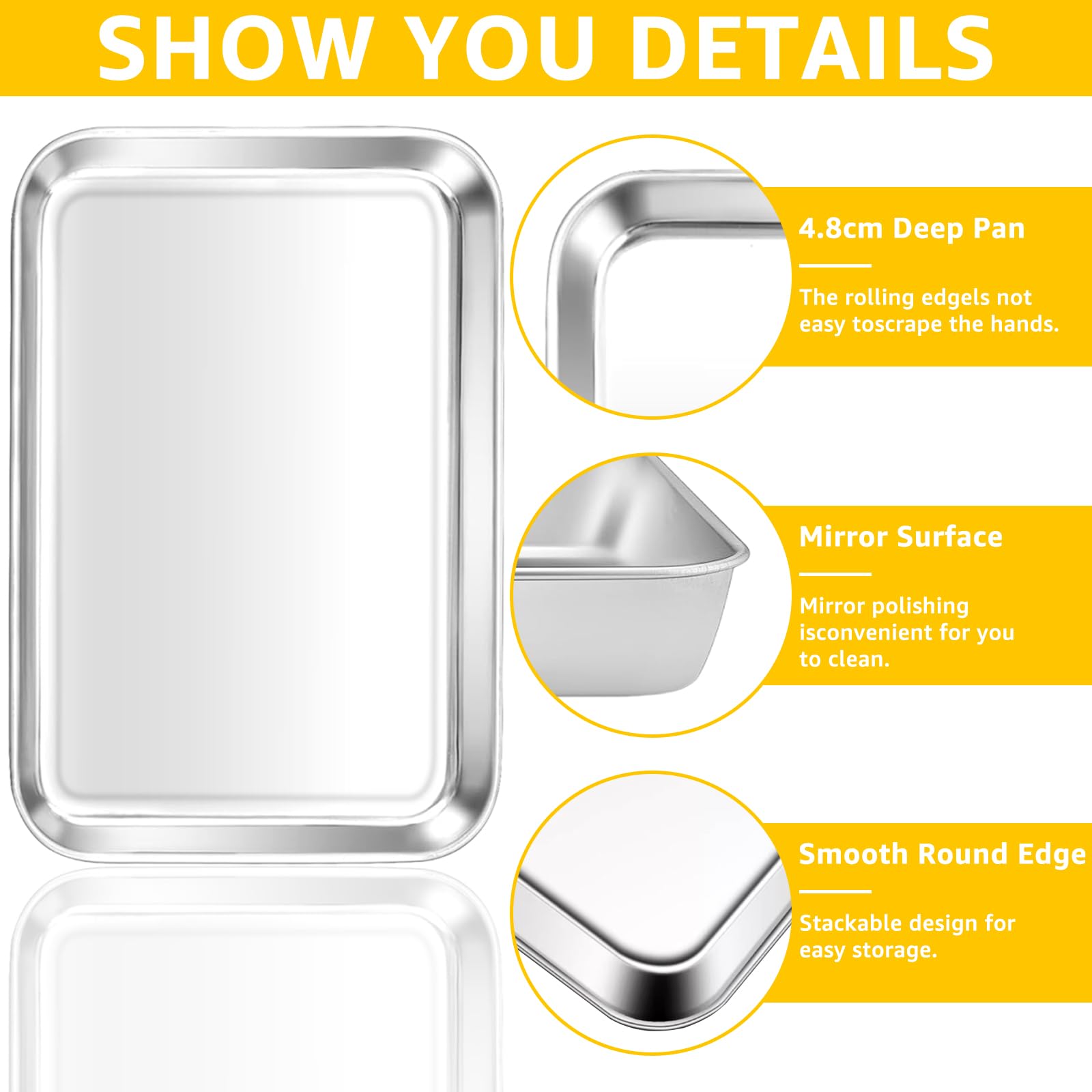 3 teglie da forno in acciaio inox, 40 x 30 x 4,8 cm, ciotola per barbecue, teglia da forno in acciaio inox, per cottura e servizi, lavabile in lavastoviglie