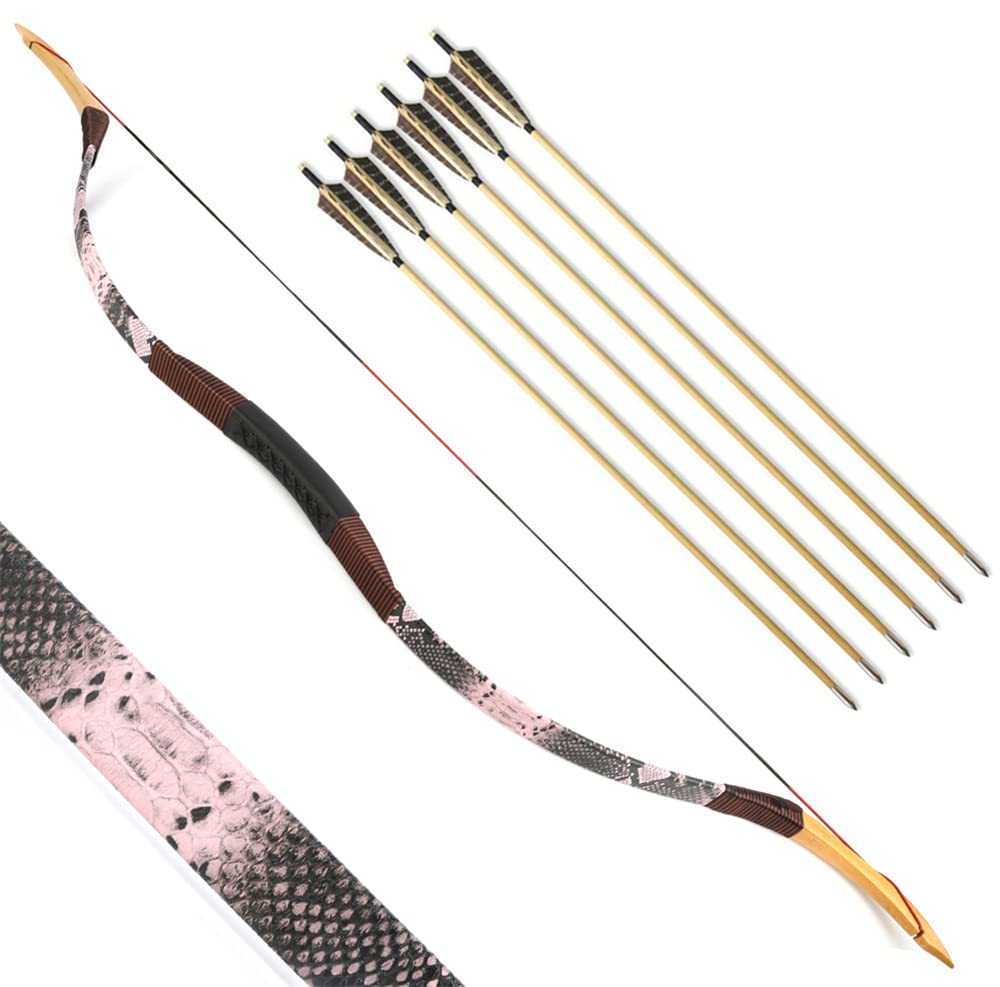 SHARROW Archery Traditional Bow Recurve Bow and Arrows Set Handmade Longbow Wooden Mongolian Horsebow Hunting Bow 20-50lbs for Adult Shooting Practice (40lbs, Pink)
