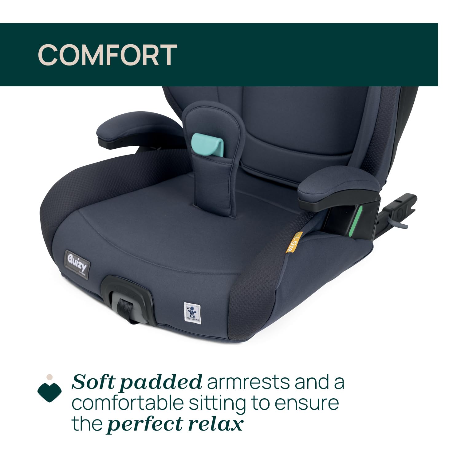 Chicco Quizy i-Size, Silla de Coche para Niños 3-12 Años (100-150 cm), Peso 15-36 kg, Grupo 2/3, Instalación Fácil con Sistema Isofix, Reclinable, Ajustable en Altura, Reposabrazos Acolchados, Azul