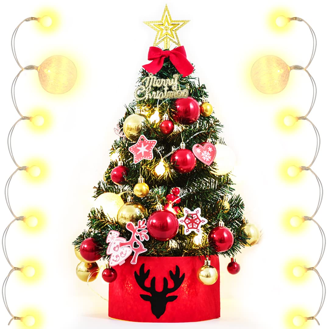 Photo 1 of 2022 Tabletop Mini Christmas Tree Set with LED Globe String Lights,Artificial Xmas Pine Tree, Star Treetopper,Hanging Ornaments&Cloth Apron for DIY Xmas Holiday Decorations,24",by Benelet