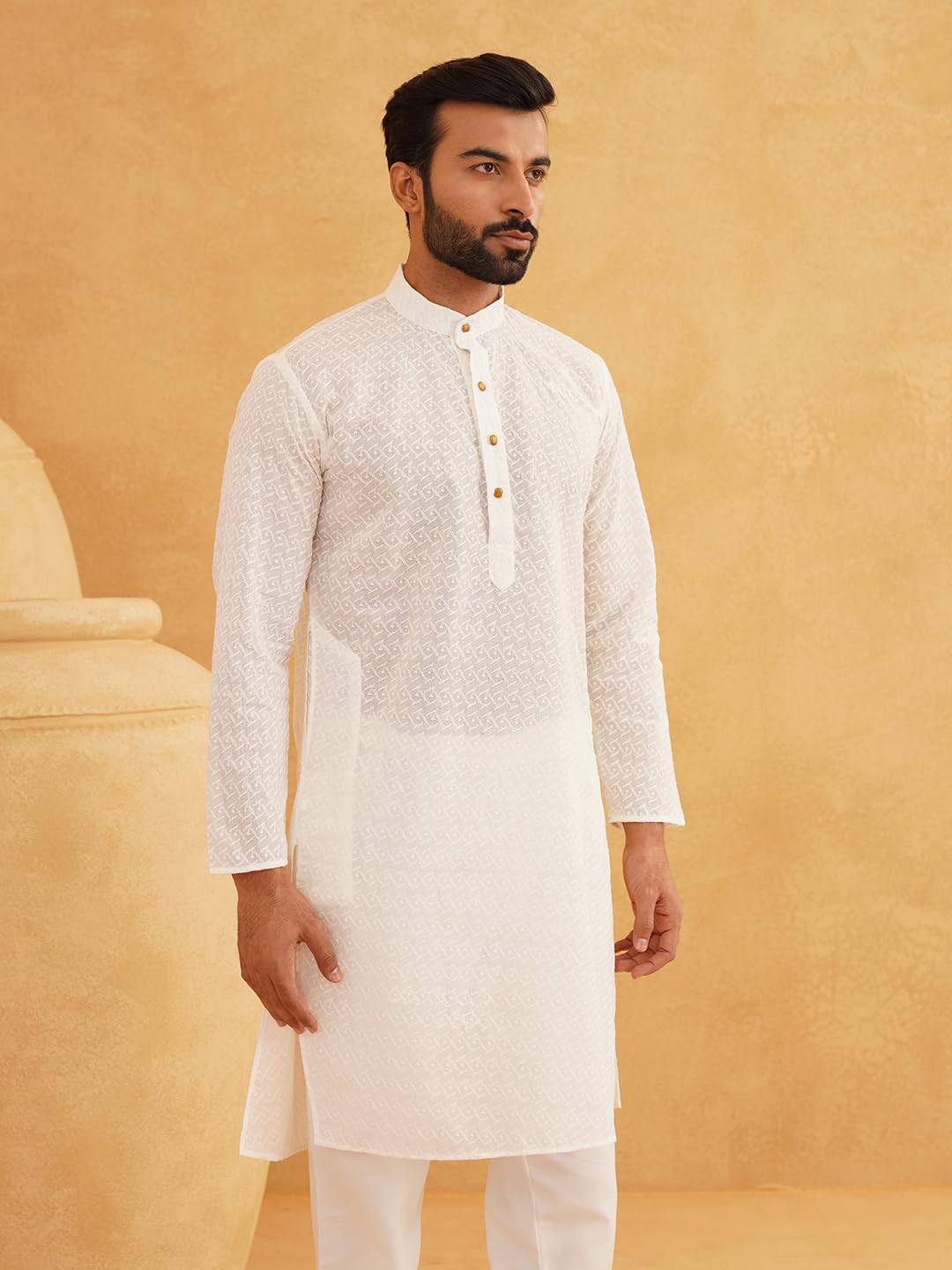 Sojanya (Since 1958 Men's Pure Cotton Cream Chikankari Only Long Kurta