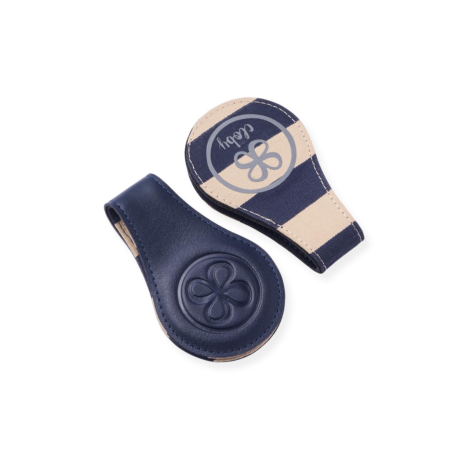 Cloby Magnet Clips 2er Set multifunktional - ideal für Kinderwagen Buggy Babyschale - wendbar - 2 Seiten - aus Leder und Canvas - Navy/Stripe - blau beige