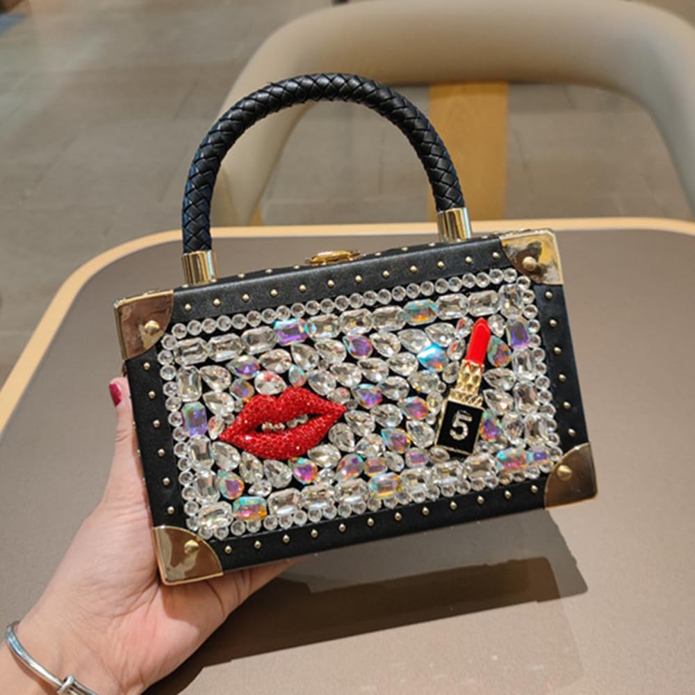 Fashion Crystal Rhinestone Women Evening Bag Metal Chain Satchel Handbags Leather Purses Small Hard Square Box Shoulder Bags