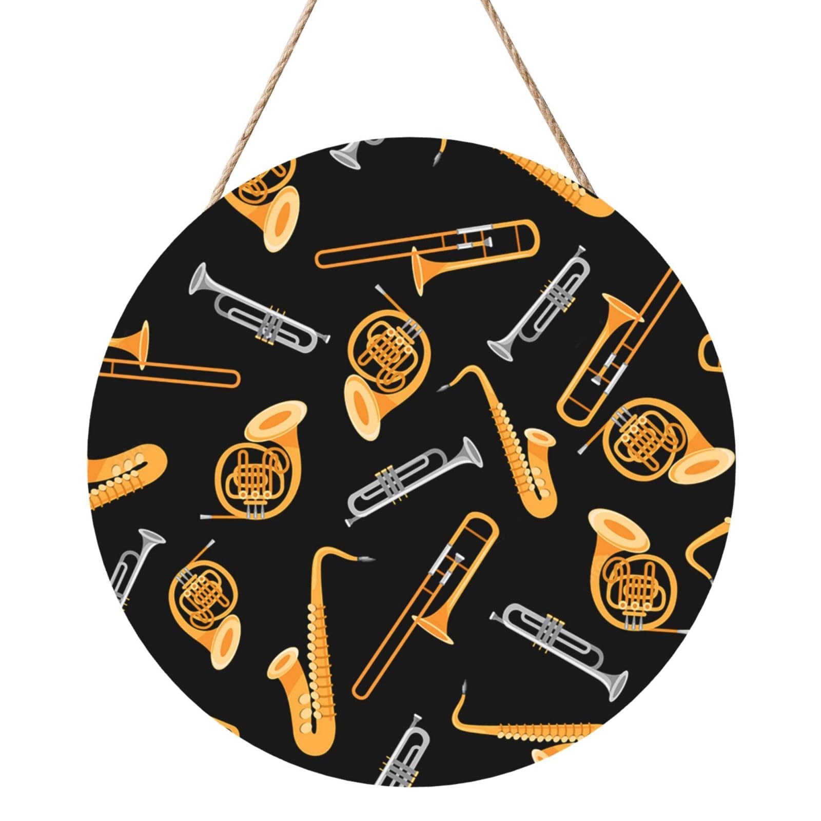 InOmak Saxophone Trombone Music Black, Round Wood Panel Painting 12 in, Wall Hanging Painting For Home