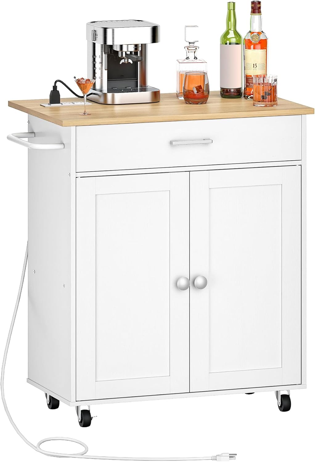 Kitchen Island, Kitchen Island Cart with One Double Cabinet and Drawer, Rolling Storage Cart with Power Strip, with Drop Leaf, for Kitchen, Living Room, White and Natural MZD01UWNN1