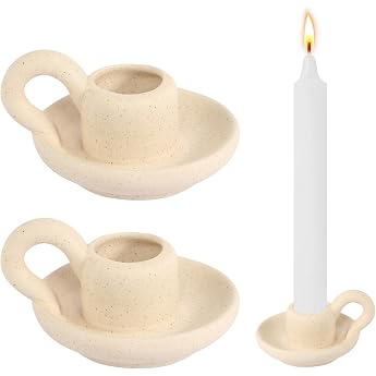 Ceramic Candle Holders Set of 2 Ceramic Candle Holders Nordic Style Candle Holder with Handle Taper Candle Holder for Table Decoration Party Wedding Beige