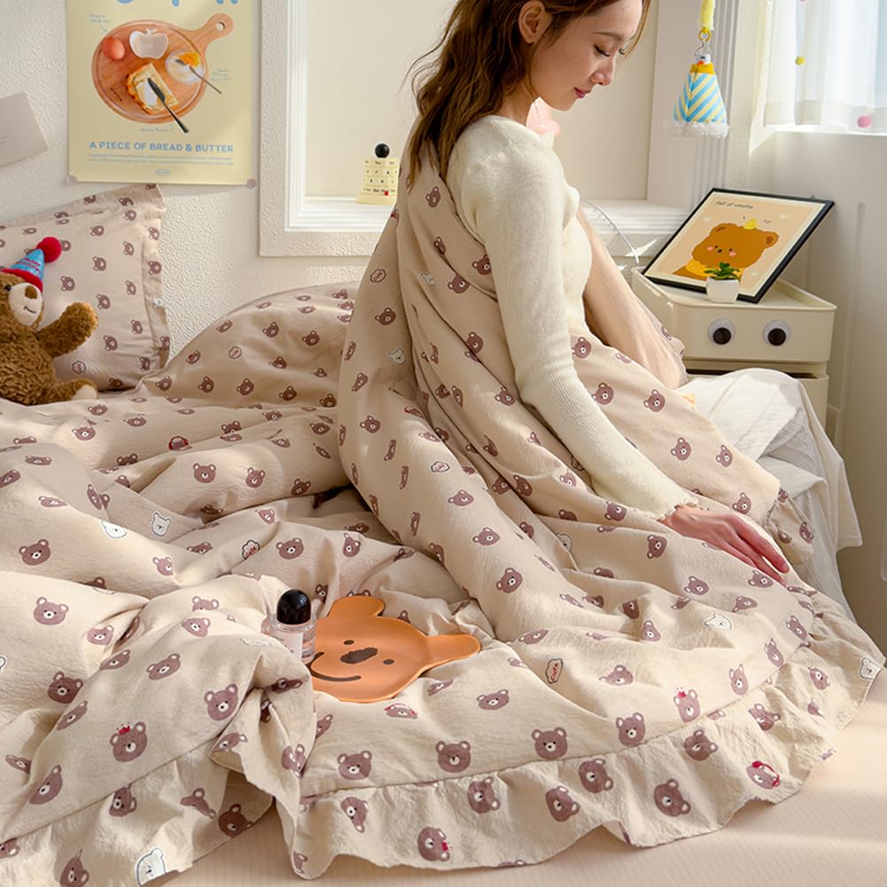 HOLY HOME 1 Piece Ruffled Lightweigt Comforter for Summer 80x90In Cool Quilt (Bear)