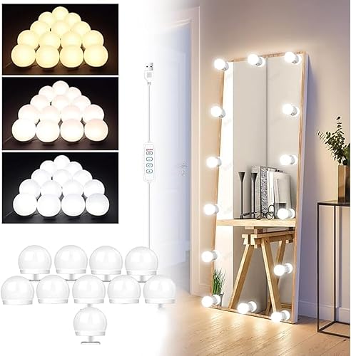 Luces de espejo regulables, luces LED estilo Hollywood con 10 bombillas, luces de tocador alimentadas por USB para espejo, tocador, dormitorio,