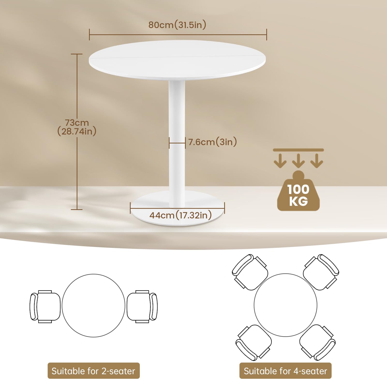 buybyroom Tavolo da Pranzo Rotondo Piccolo, Tavolo da Cucina, Tavolo da Bar, Tavolo Rotondo, 80 cm, Bianco
