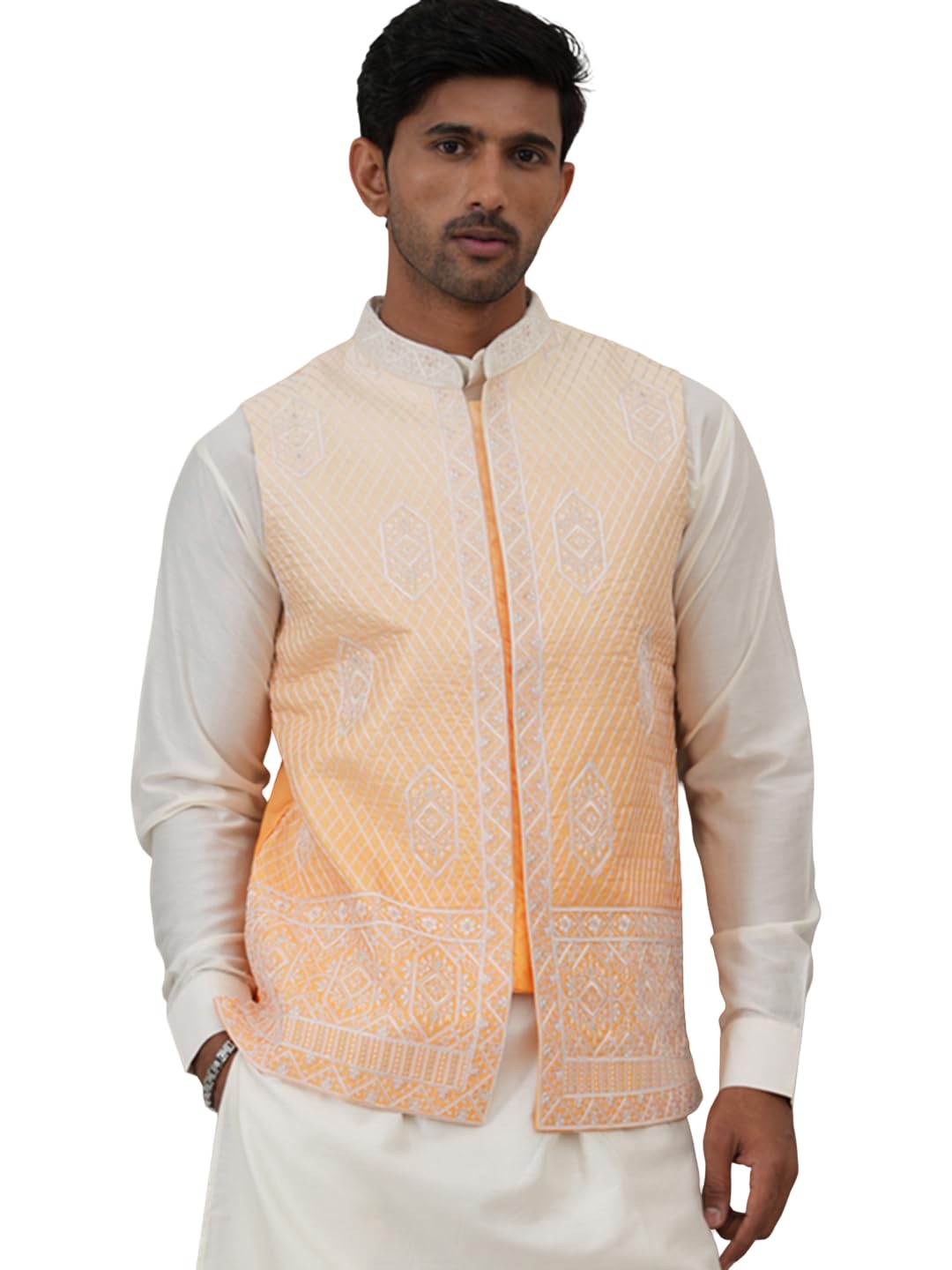 jompers Orange Silk Blend Embroidered Nehru Jacket-picture-25