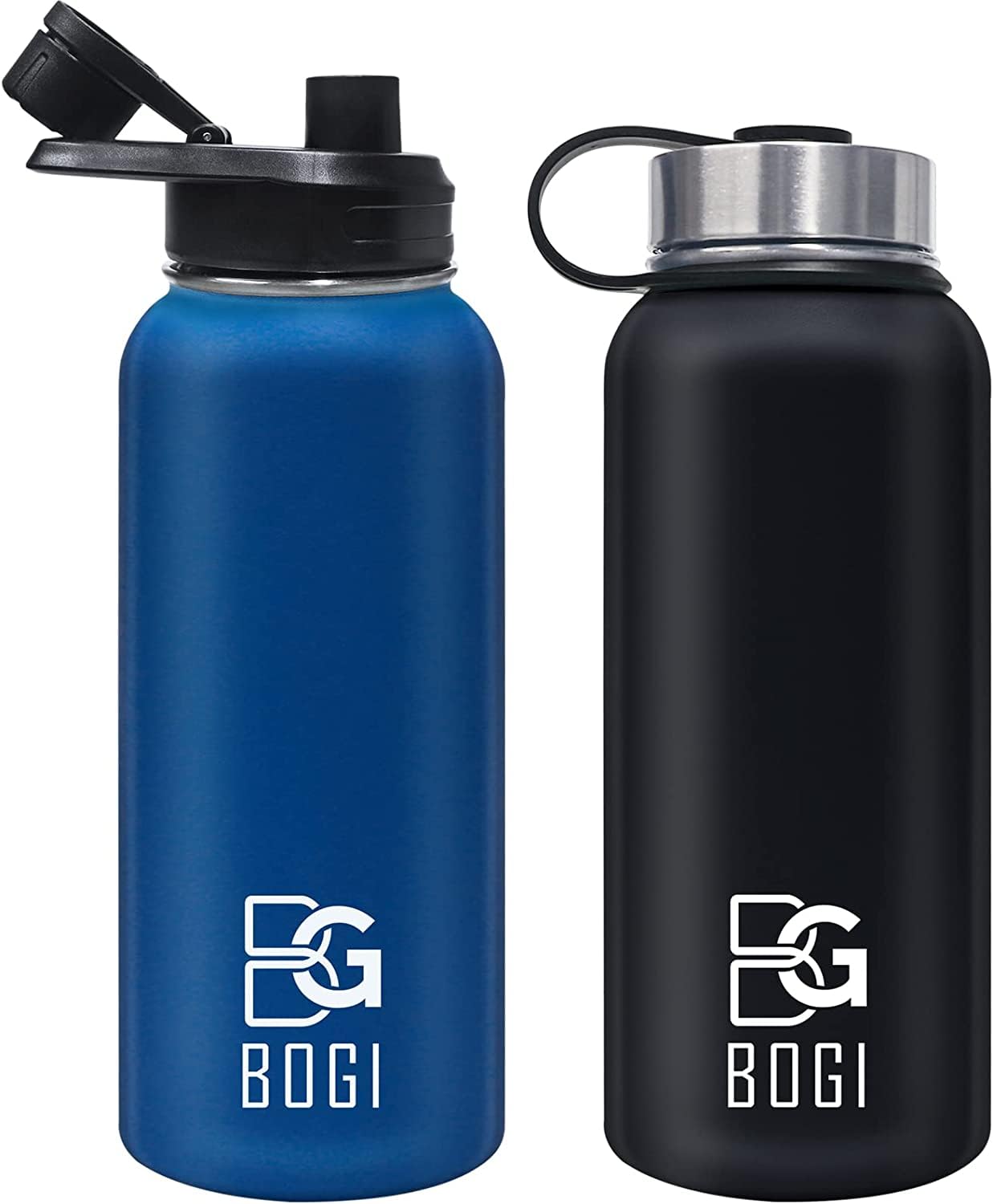 BOGI 40oz Insulated Water Bottle, 2 Pack Double Wall Vacuum Stainless Steel Water Bottle with Straw and 3 Lids, Sweat-Proof Wide Mouth Metal Water Bottle Keeps Hot or Cold for Sports Gym Office