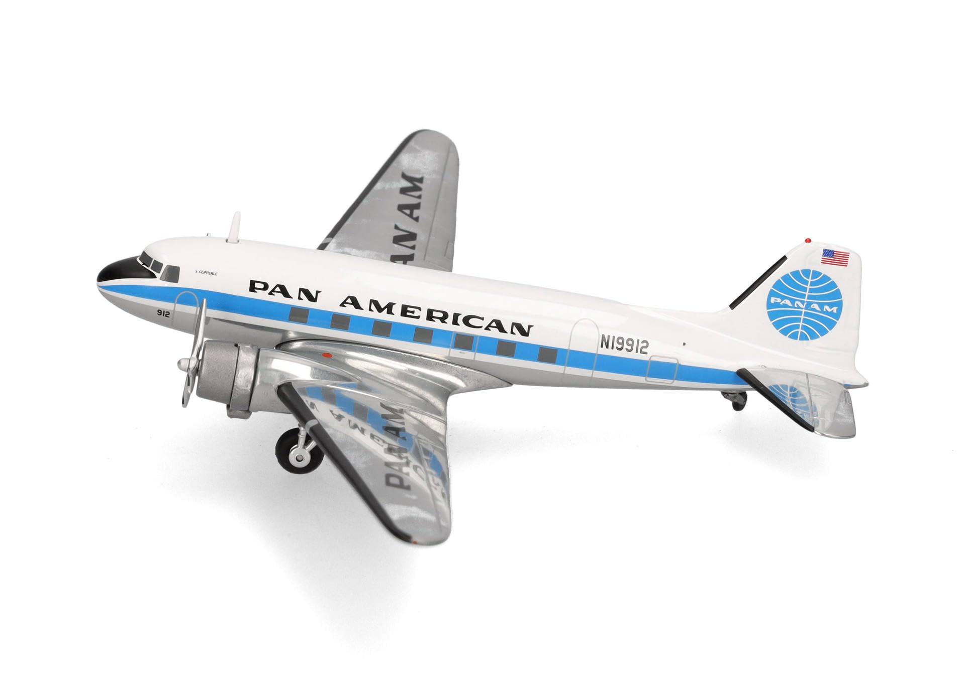 herpa Modellflugzeug Pan American World Airways Douglas DC-3, Miniatur im Maßstab 1:200, Sammlerstück, Modell mit Standfuß, Metall, Weiß, Blau