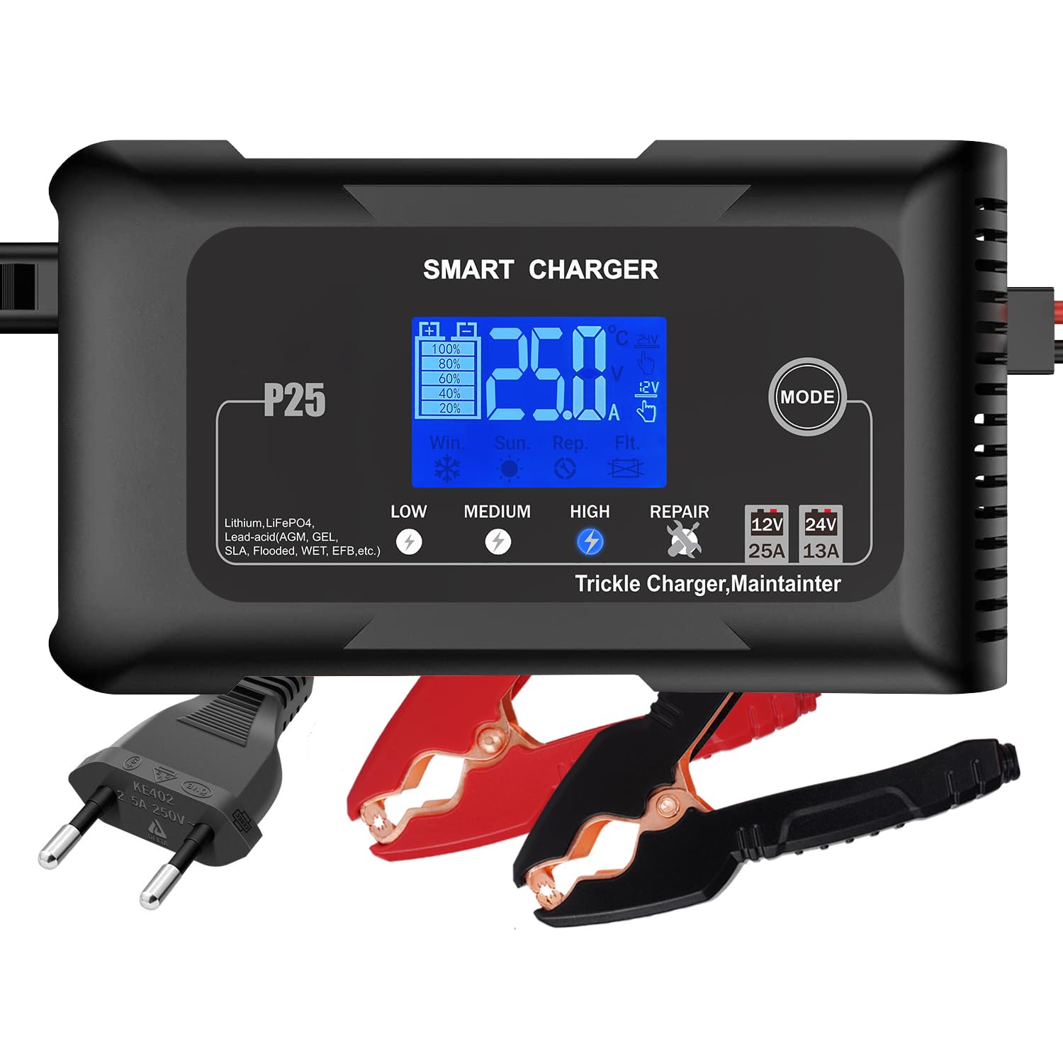 Haisito Ładowarka do akumulatora samochodowego 25 A, 12 V, 24 V, 25 A, ładowarka podtrzymująca i urządzenie odsiarczające, odpowiednia do litu, LiFePO4, kwasu ołowiowego (AGM, żelu, EFB, MFitd