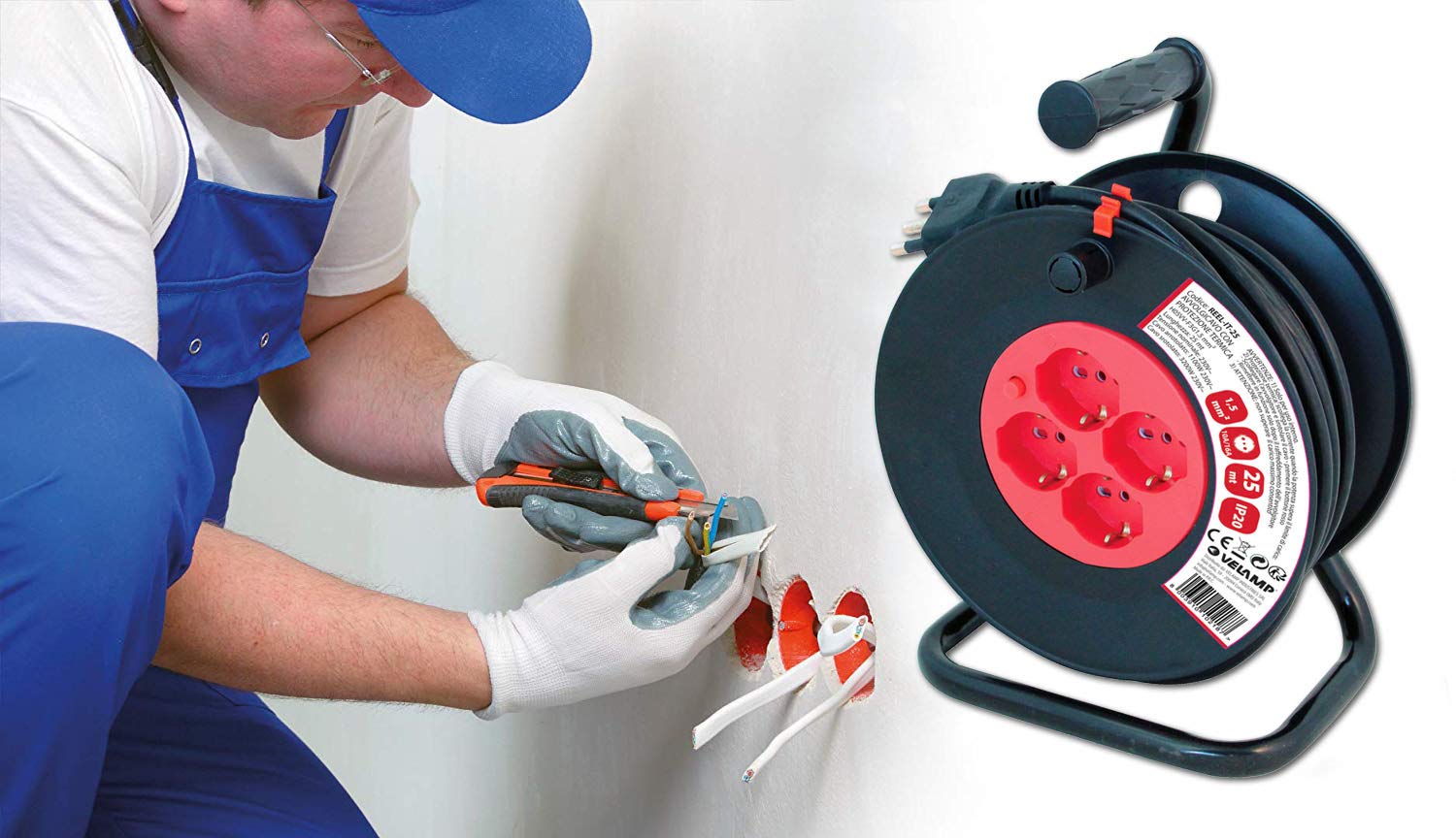 VELAMP REEL-IT-25 - Alargador eléctrico con enrollacables 25 m - 4 tomas polivalentes (Schuko + 10/16 A) - Enchufe grande 16 A - Interruptor de protección - Cable eléctrico multipolar 3G sección 1,5