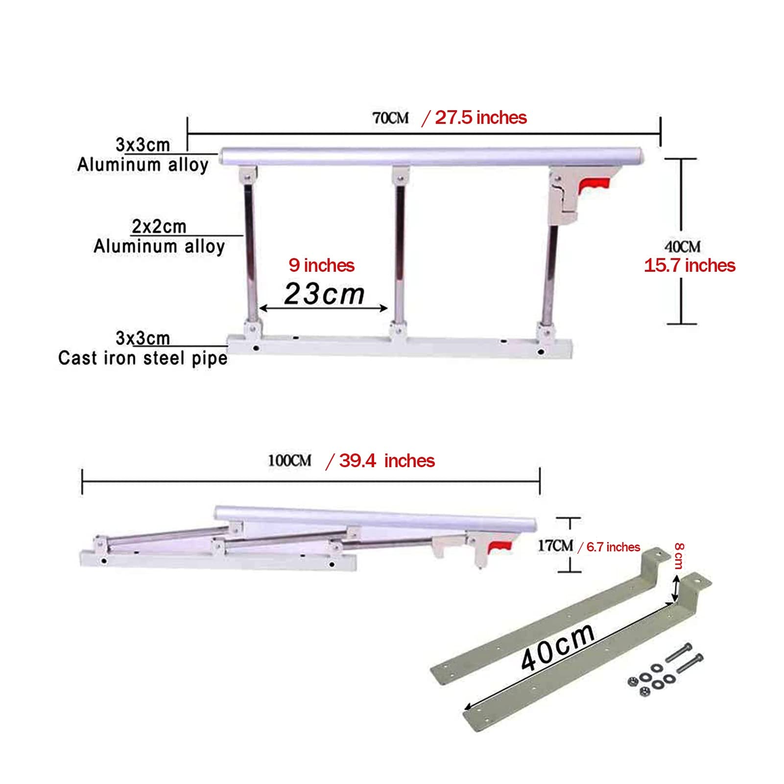 Barandilla de cama plegable de metal con protector lateral de seguridad para adultos mayores, asa, con barra de parachoques de agarre, color plateado y blanco, 70 cm