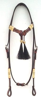 WeavingCraft Brown Leather Western Headstall Bridle Hand Braided Natural and Brown Rawhide Knotting Futurity Knot Black Color Hair Tassels- (Full Size)