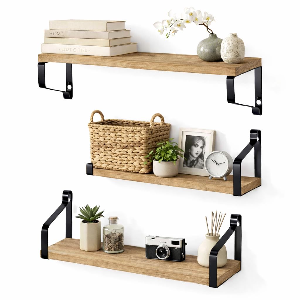 Harbour Housewares Rustic Floating Shelves with Brackets - Set of 3