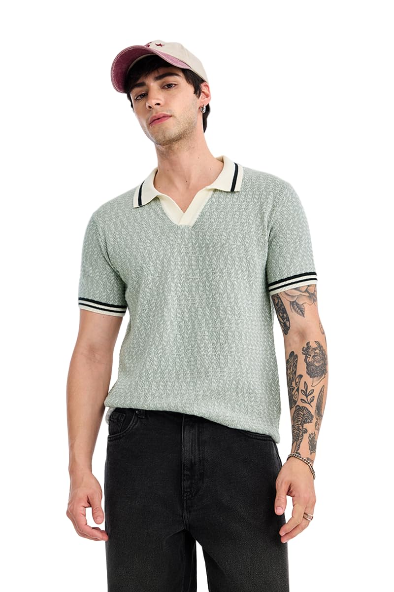 snitch Men Knitted Polo T-Shirt | Textured Jacquard V-Neck with Polo Collar & Half Placket | Cotton Blend Stretch, Retro Style Casual Summer Wear-picture-12