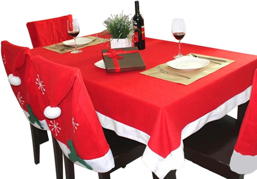 Christmas Tablecloth and Santa Claus Hat Chair Covers Set Holiday Decoration Red and White Tableware Set Tablecloth and 6pcs Slipcovers Kit for Home Hotel Dining Room Dinner Table Party Decor Gift