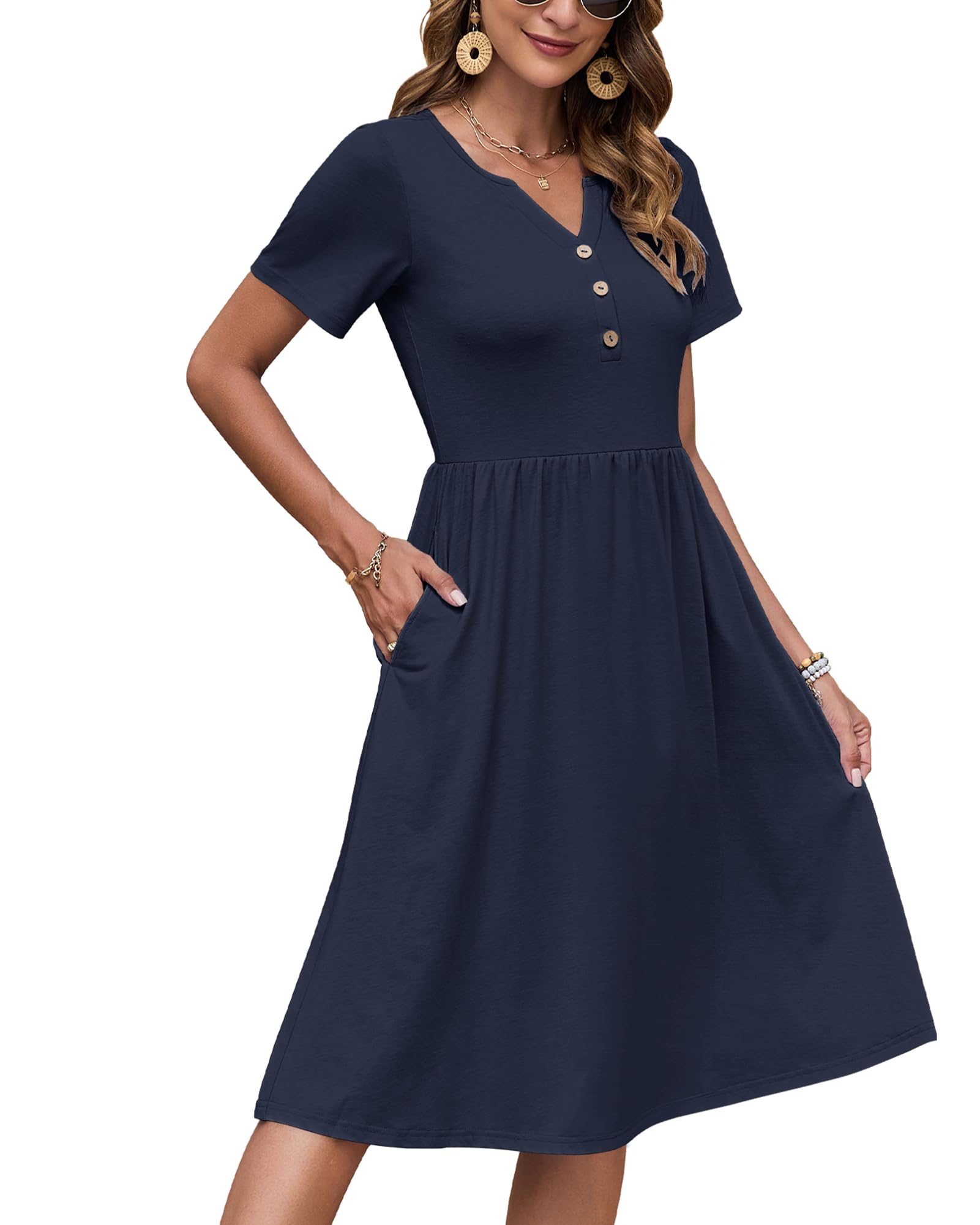 AUSELILY Vestito Estivo a Maniche Corte da Donna Abito Casual Scollo a V al Ginocchiocon Bottoni con Tasche