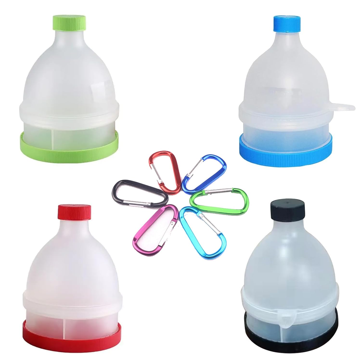 4 Pack Protein Powder Container to Go, Travel Container with Carabiners, No-Mess Storage Container, On-The-Go Protein Funnel （ Large Size）