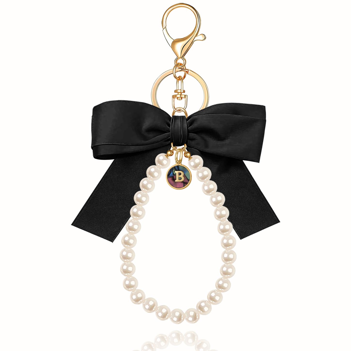 XGALBLA Initial Letter Cute Coquette Bow Keychain for Women, Wristlet Simulated Pearl Keychains Bag Charms for Handbags