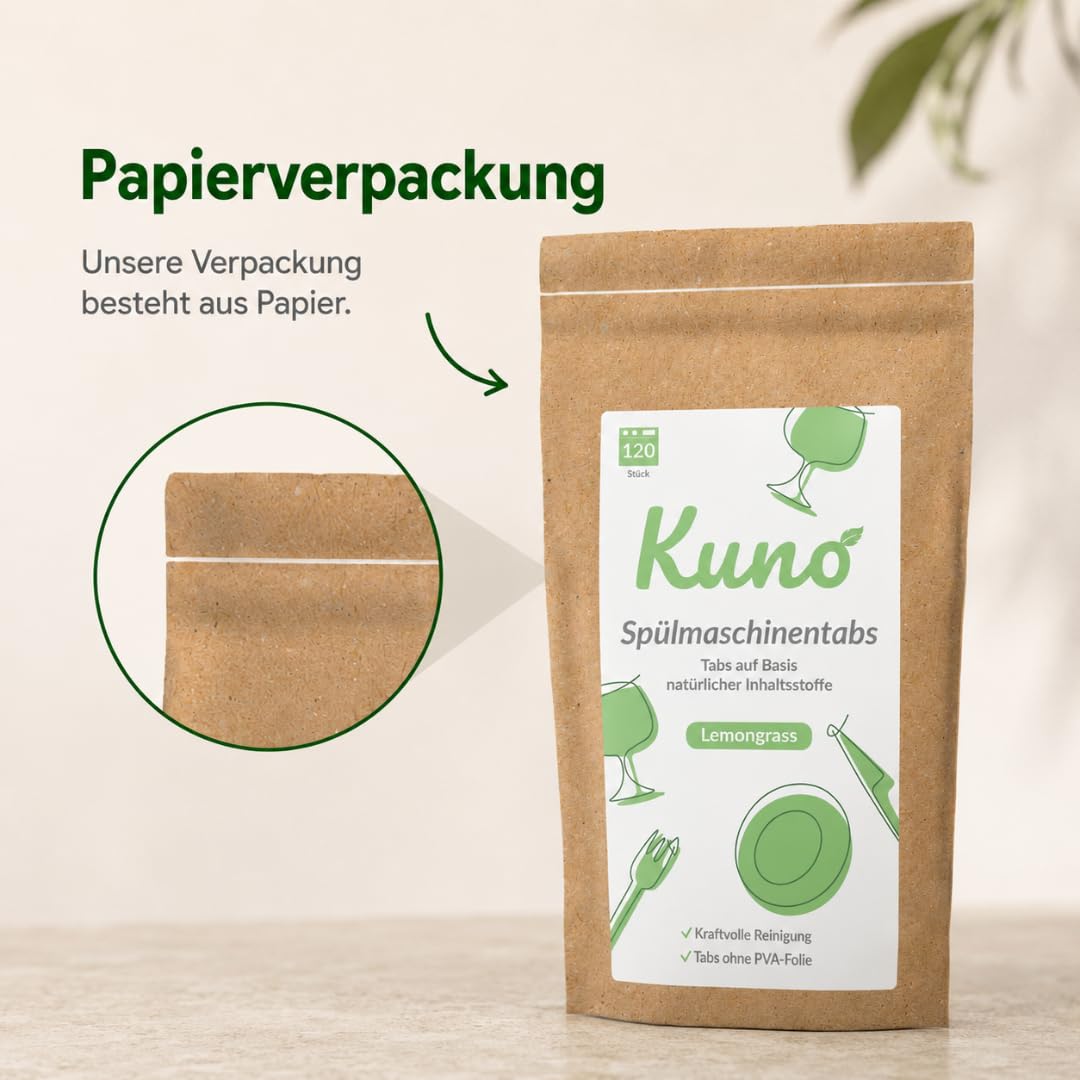 Kuno Tabletki do zmywarki Lemongrass – 120 szt. | Naturalne składniki | Bez folii PVA | Silne działanie czyszczące | Ekologiczne tabletki do zmywarki