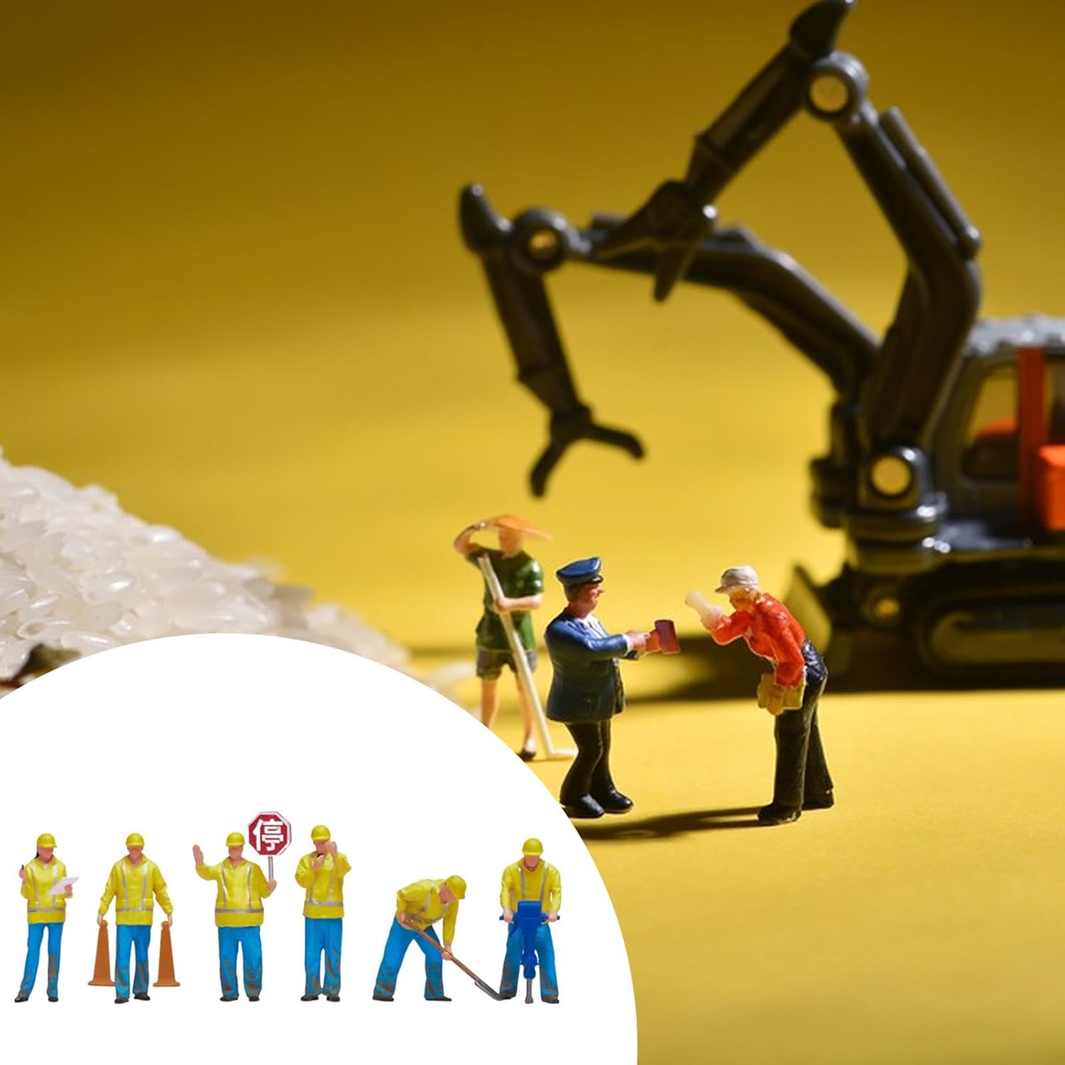 Menolana 6Pcs 1/64 Scale Miniature Figures Model Diorama Figure Construction Building Workers Simulation for Photo Props Accessories, Yellow