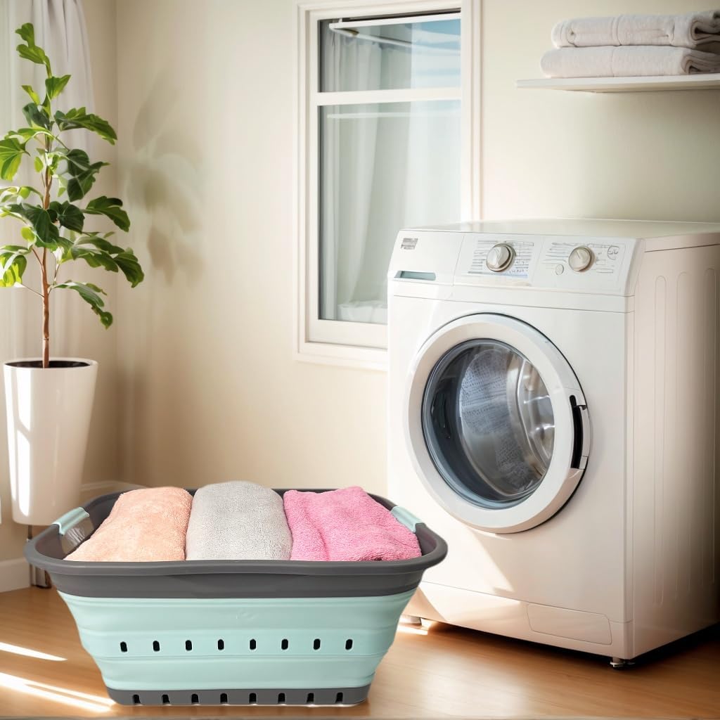 SAMMART 42 (11 Gallons) Collapsible Plastic Laundry Basket, Foldable Pop Up Storage Container/Organizer, Space Saving Hamper, Portable Bin for Dorm Room Bathroom (2, Grey/Lake Green)