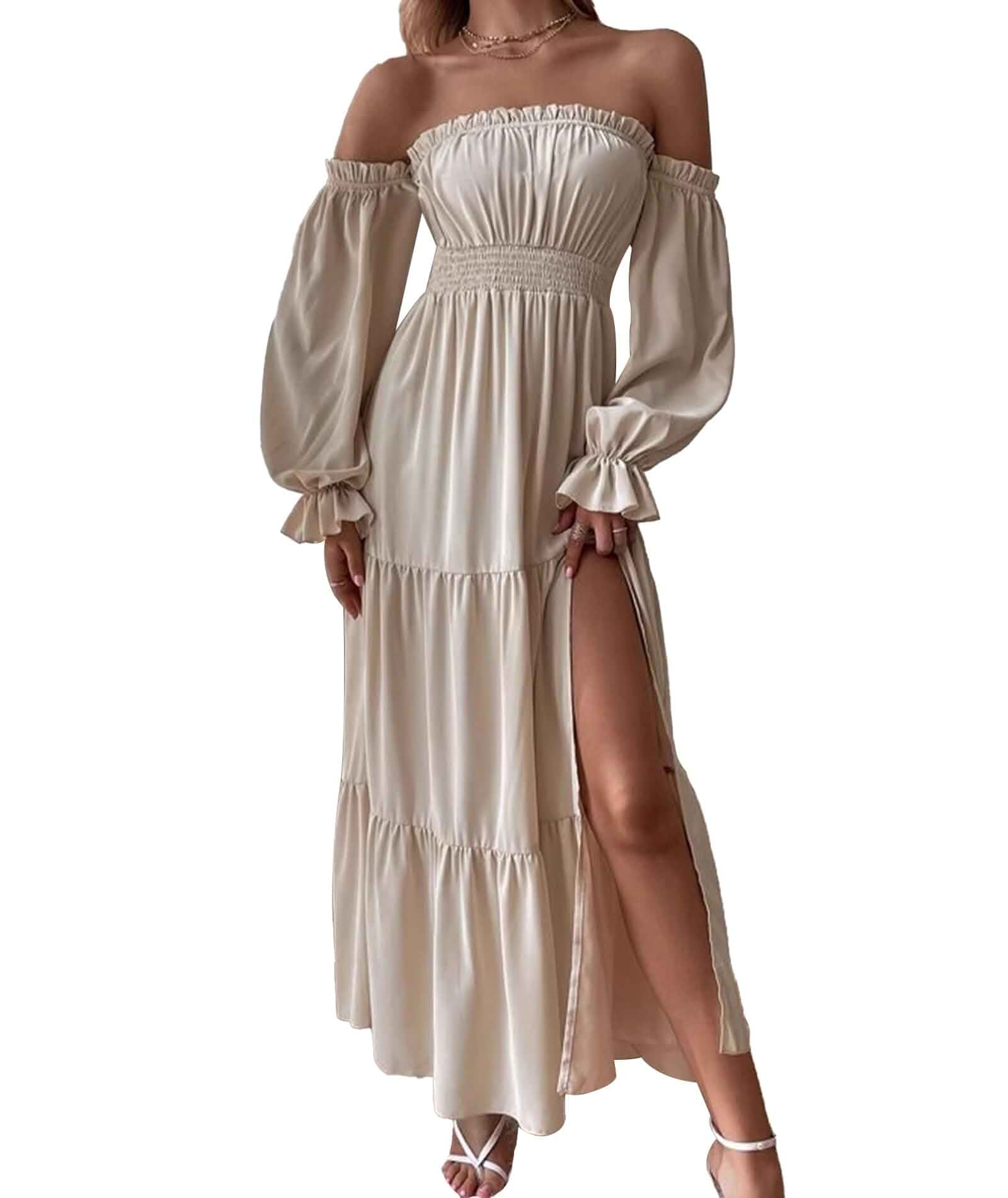 ECDAHICC Women's Boho Sexy Off Shoulder Long Sleeve Maxi Dress High Waist Side Split A Line Tiered Long Dresses Long Sleeve