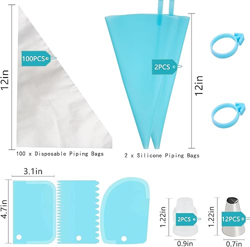 Miniatura 2 de Juego de bolsas y puntas, 2 bolsas reutilizables de 12 pulgadas, 100 bolsas de pastelería desechables, 2 acopladores, 12 puntas de glaseado, 2 lazos