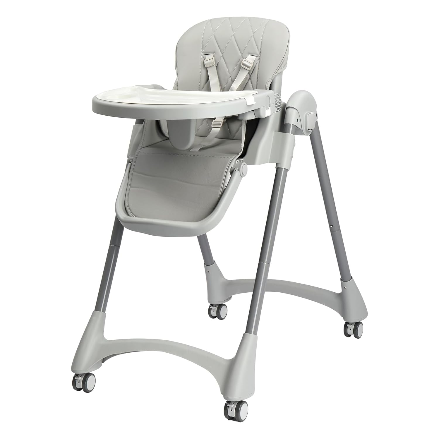 JOYMOR 4 in 1 Folding Baby High Chair for Babies to Toddlers, Infant Eating Foldable Highchair w/Leather Seat Cushion, 4-Position Removeable & Adjustable Tray, 5-Point Harness (Gray)