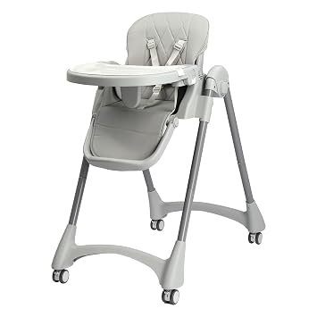 JOYMOR 4 in 1 Folding Baby High Chair for Babies to Toddlers, Infant Eating Foldable Highchair w/Leather Seat Cushion, 4-Position Removeable & Adjustable Tray, 5-Point Harness Gray