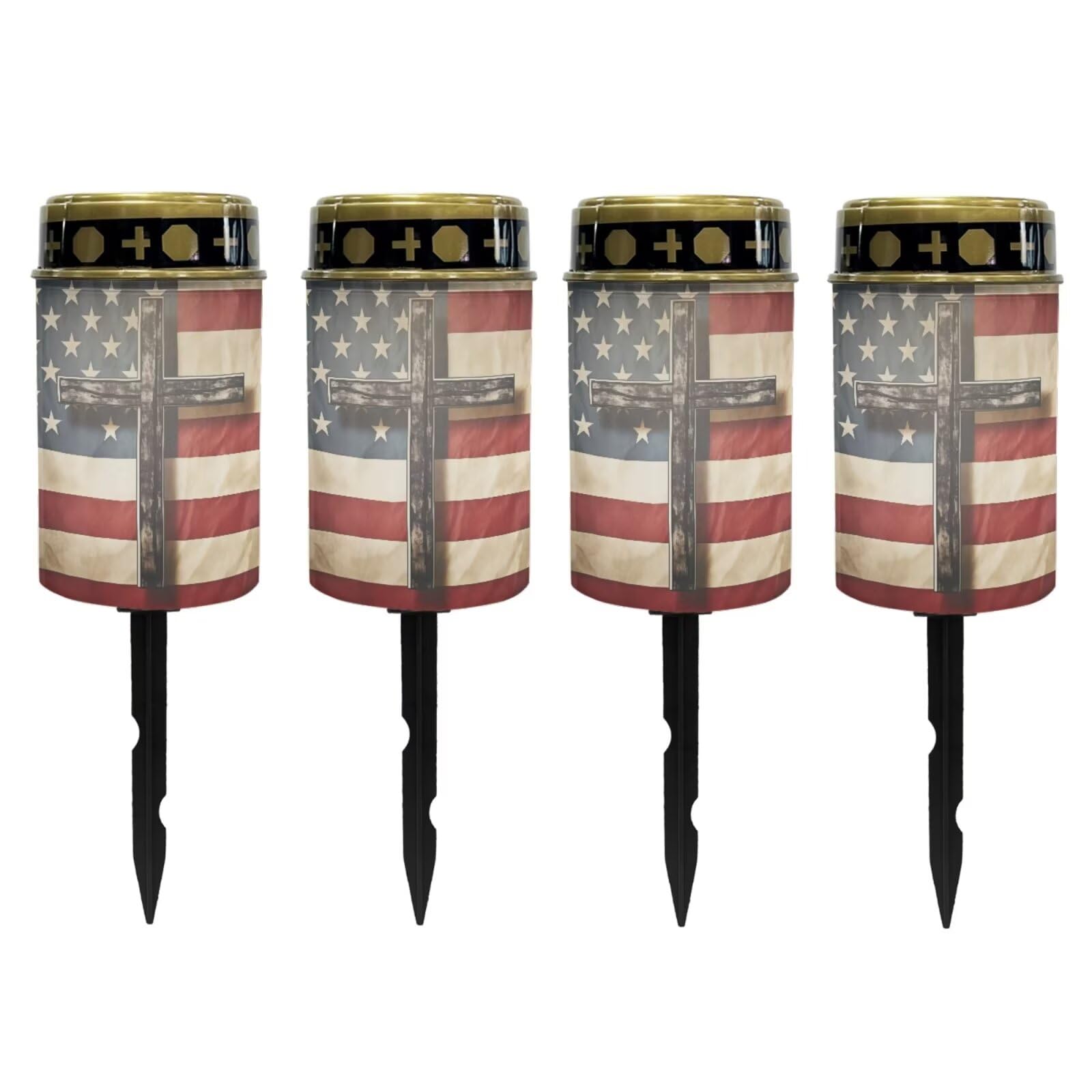 Poceacles Cross Solar Pathway Lights Outdoor Grave Solar Lights Outside Waterproof Cemetery Flameless Candles Outdoor Solar Candle Grave Markers Eternal Decor, American Flag Cross, Pack of 4