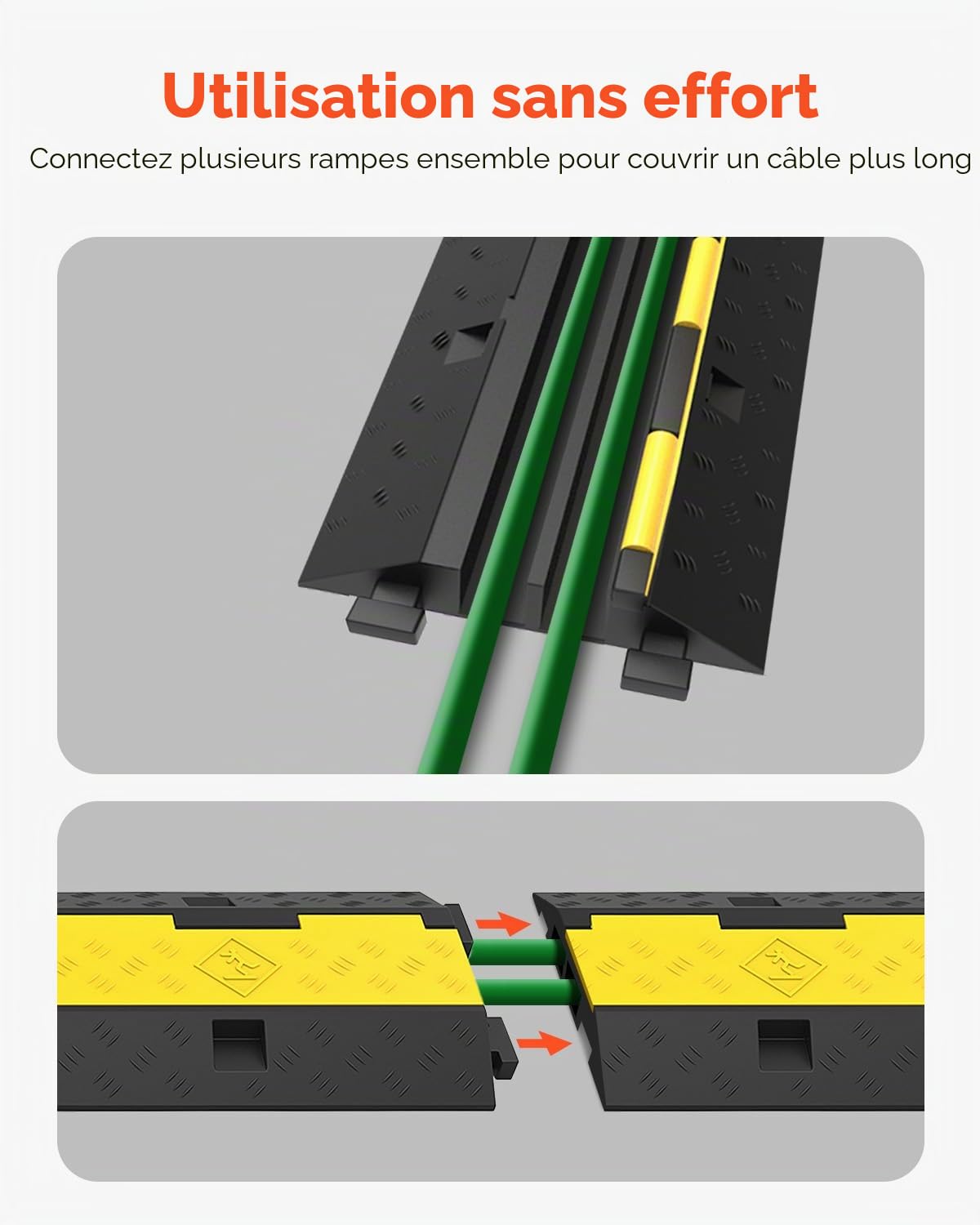 VEVOR Rampes Protection Câble 2 Canaux 5 T 3PCS 101x24,5x5 cm Passage Câbles Protecteur PVC Caoutchouc Capacité de Charge 4989 kg Canal 3,2x3,1 cm pour Protéger Câbles d'Alimentation des Sols Parking