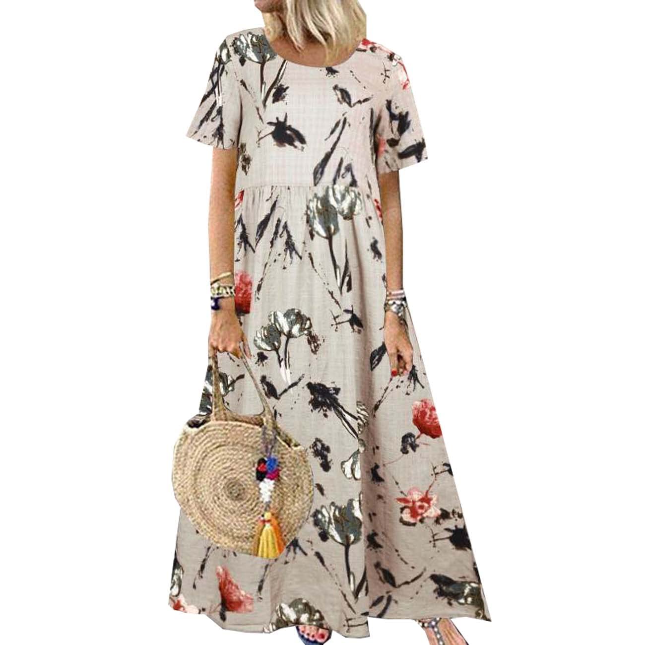 BAIXIAOCHI Vestido Largo Suelto De Cintura Suelta De Lino De AlgodóN con Cuello Redondo Estampado De Verano