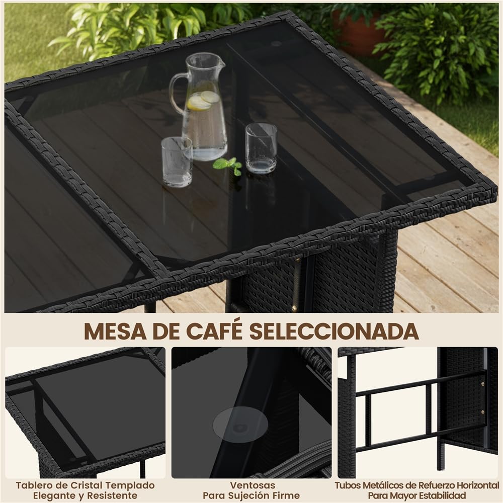 Yaheetech Conjunto de Mueble de Jardín para Patio de 4 Piezas Sofás de Ratán para Exterior con Mesa de Cristal y Otomanas para Balcón Porche Terraza Negro/Beige