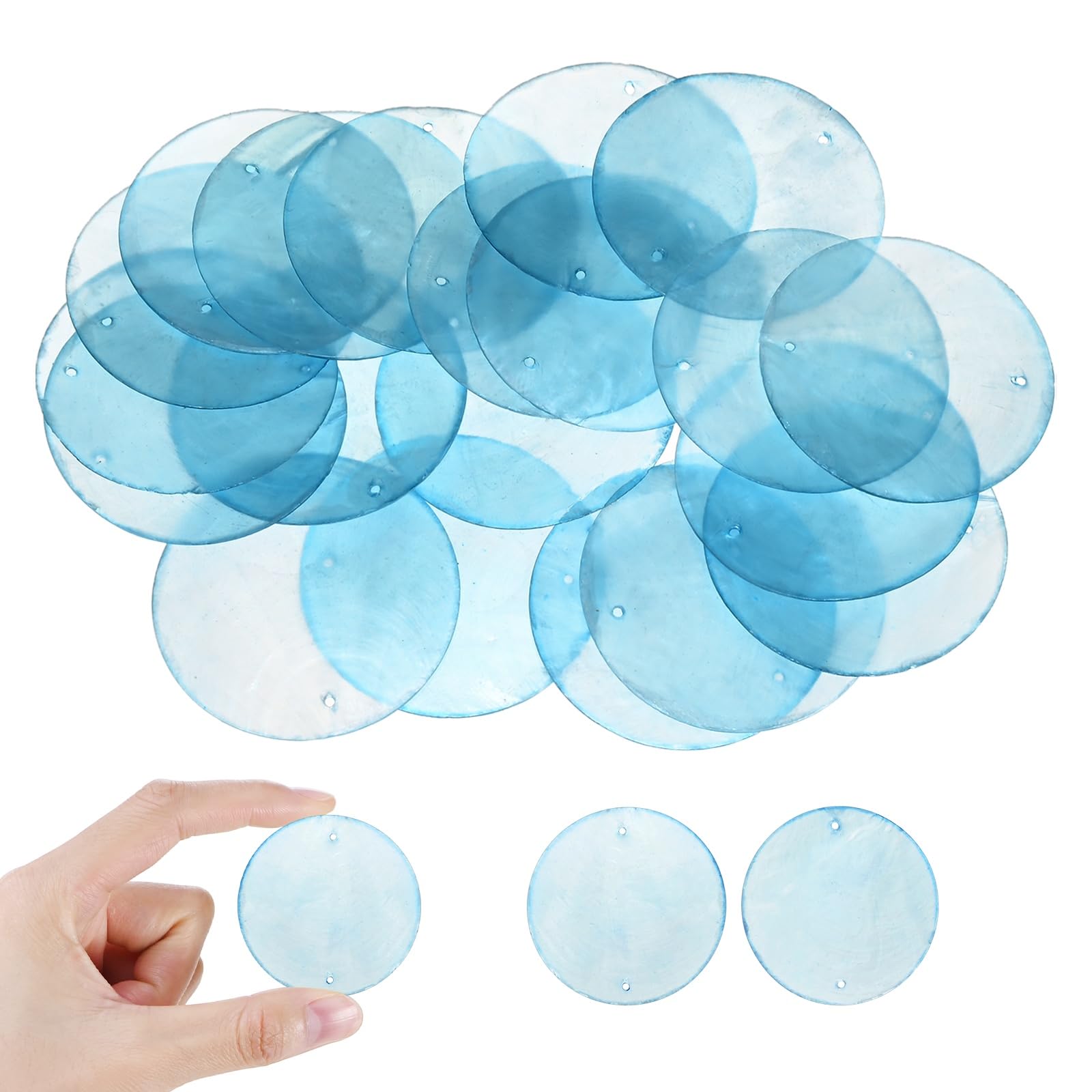 M METERXITY 90-Pack Round Capiz Sea Shells, 2 inch(50mm) 2 Holes Natural Shell Pieces for Wind Chimes/Seashell/Curtain Shell/DIY Craft, Flat Round Coin Bead [Light Blue]