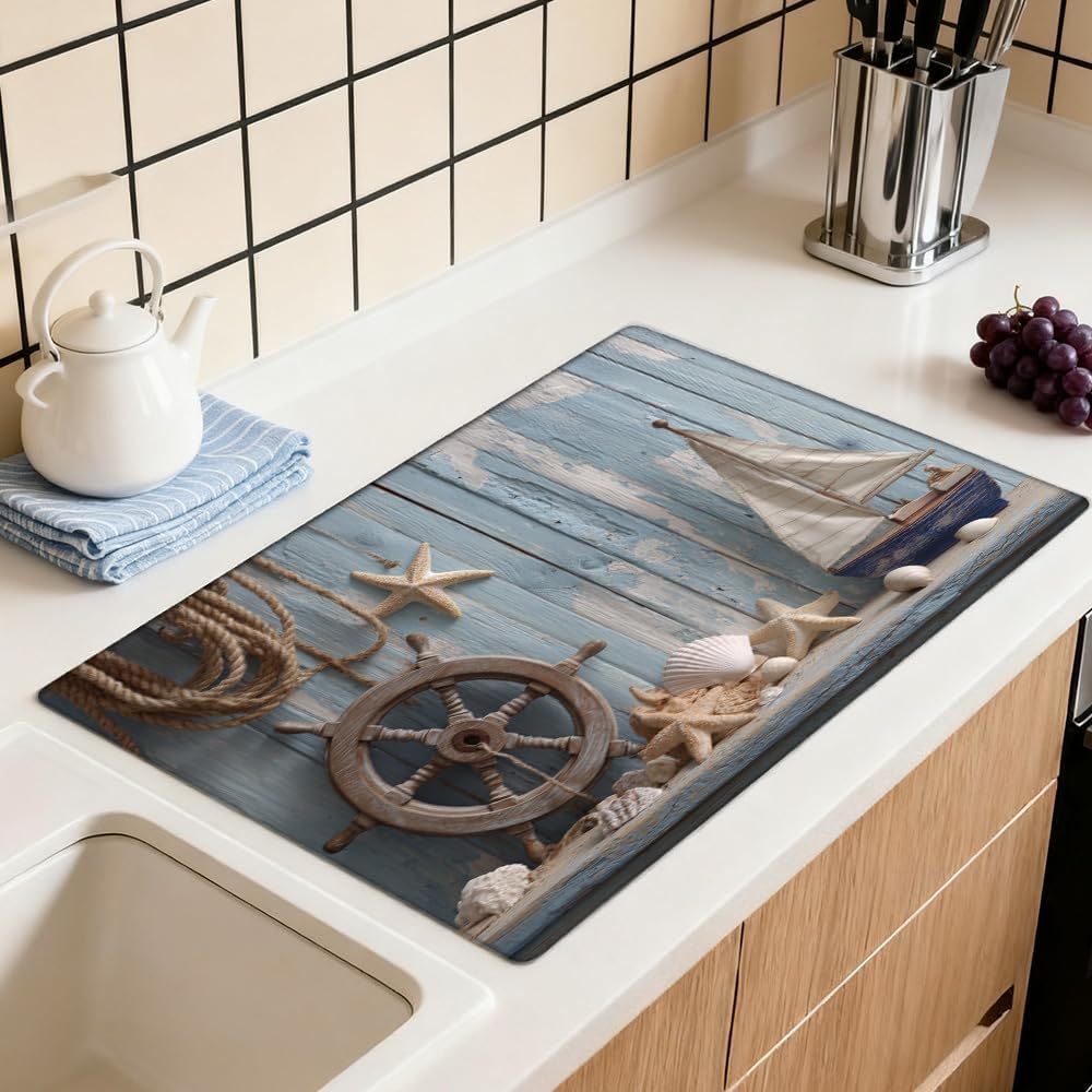 Rubber Stove Mat for Electric Stove 28 x 20 Inch Heat Resistant Stove Top Cover Non Slip Decorative Stove Covers Coastal Nautical Wheel Ship Kitchen Decor Countertop Protector