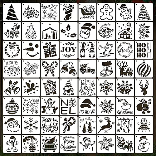 64Pcs Small Christmas Stencils, 3X3 Inch Reusable Craft Stencil for Painting on Wood, Fabric, Paper, Windows, DIY Christmas Ornaments, Cards, Decorations