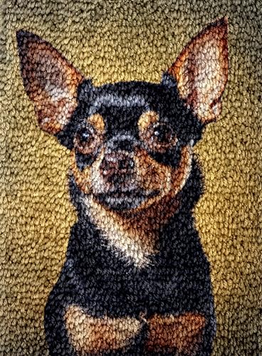 Image of Little Black Chihuahua Dog Latch Hook Rug Kit for Adults DIY Carpet Cushion with Printed Canvas Crochet Yarn Craft Hook and Latch Tapestry for Home Decor Pets Warm Pads 52x38cm
