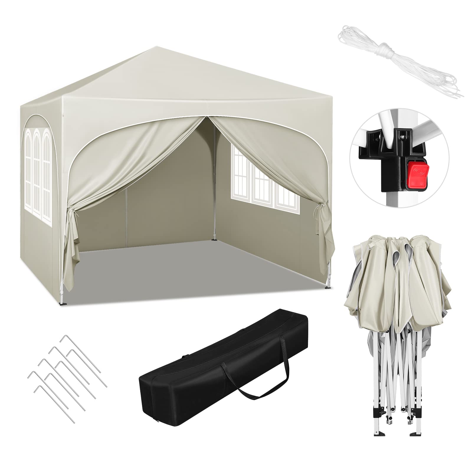 WOLTU Gazebo Pieghevole da Giardino, Gazebo Idrorepellente Pop Up da 3x3m Pannelli Laterali, Tendone Esterno, Altezza Regolabile, Protezione UV, con Custodia Beige