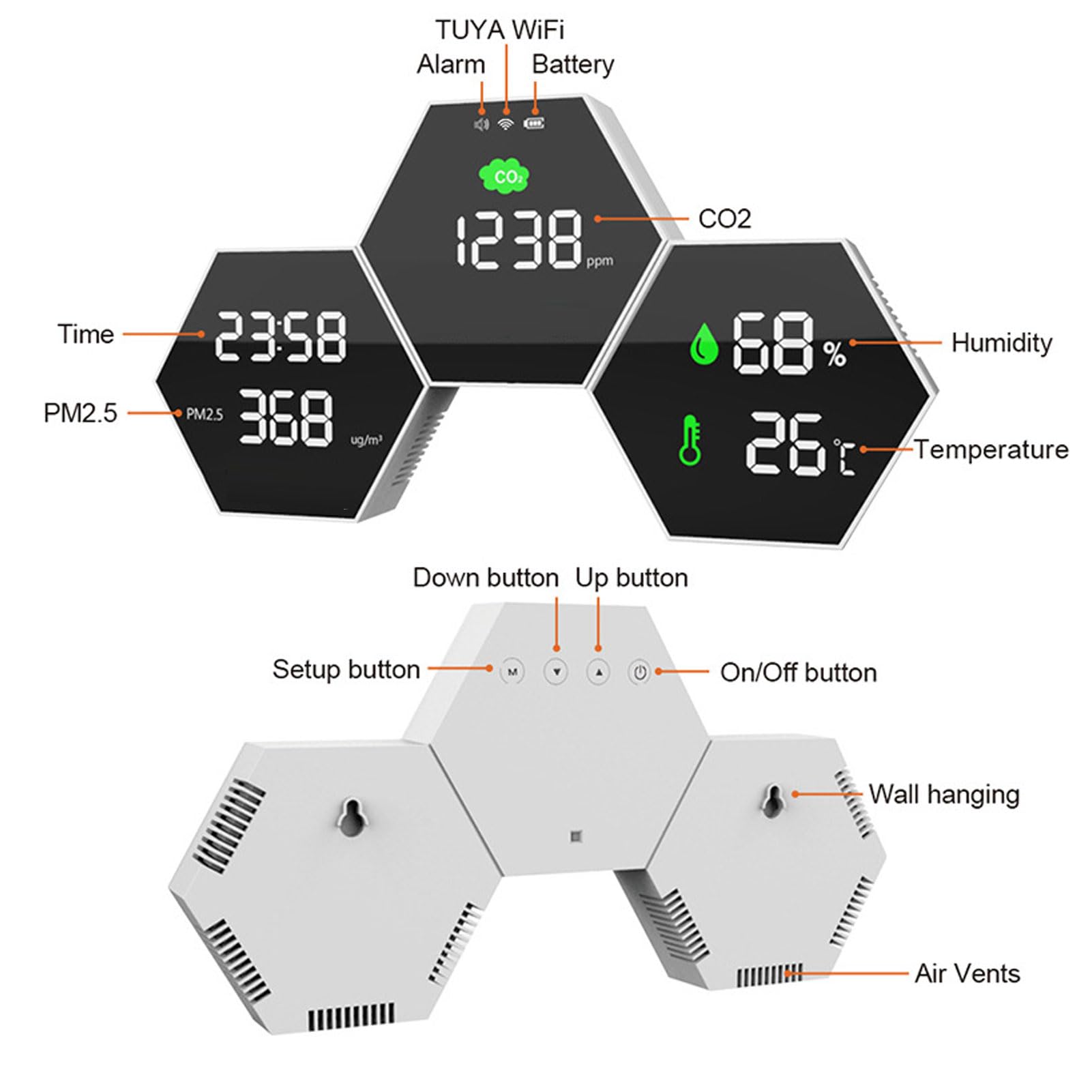 Hyuduo Detector de Calidad del Aire WiFi, Pantalla LCD HD, Probador de CO2 PM2.5 con Rango de 400-5000 Ppm, Batería Recargable, Control de Aplicación para Monitoreo de Oficina en el Hogar