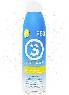 Surface Sunscreen Spray SPF 50 for Body, Natural Formula, Lightweight and Reef Friendly, Broad Spectrum UVA UVB Protection, Water Resistant Sun Care for Outdoor Use, Fragrance Free, 6oz