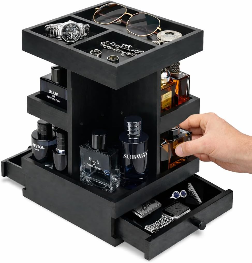 Rotating Cologne Organizer for Men – Black Wooden Perfume Stand with Dual Drawers, Multi-Tier Fragrance Display & Jewelry Storage for Dresser or Bathroom