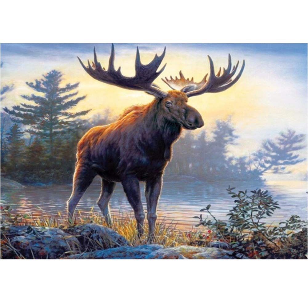 WOWDECOR 5D Diamond Painting Kits, Moose Deer Jungle Lake Animals Full Drill DIY Diamond Art Cross Stitch Paint by Numbers