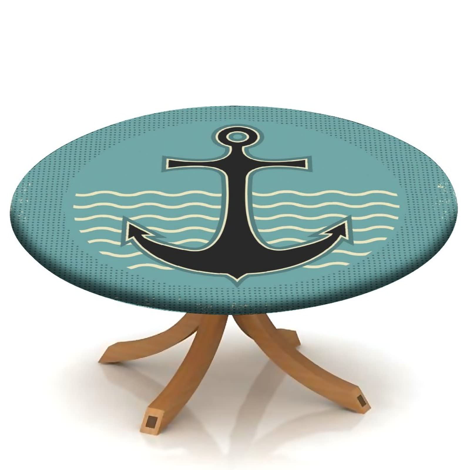 Blue Green Ship Anchor Fitted Tablecloth Round, Ocean Waves Elastic Edge Table Covers, Outdoor & Indoor, Picnic, Kitchen, Patio, Party Dining Decor Fits Tables 32inch - 36inch Diameter